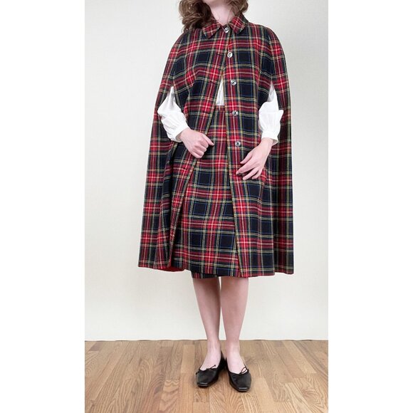 Vintage 4 Piece Wool Matching Set Plaid Kilt Tartan Pleated Cape Skirt Vest Suit - Picture 8 of 16
